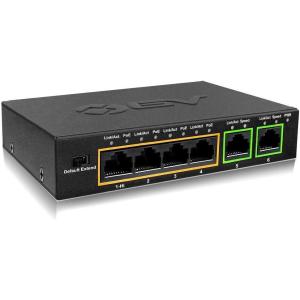 imageBVTech 6 Port PoE Switch 4 PoE Ports with 2 Ethernet Uplink and Extend Function  60W  8023at  1 High Power PoE Port Desktop Fanless Design  Plug ampamp Play  Sturdy Metal HousingMegabit2 Uplinks